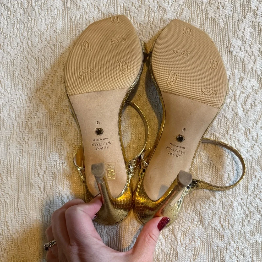 Stuart Weitzman 75 gold leather open toe stiletto pumps - Picture 7 of 10